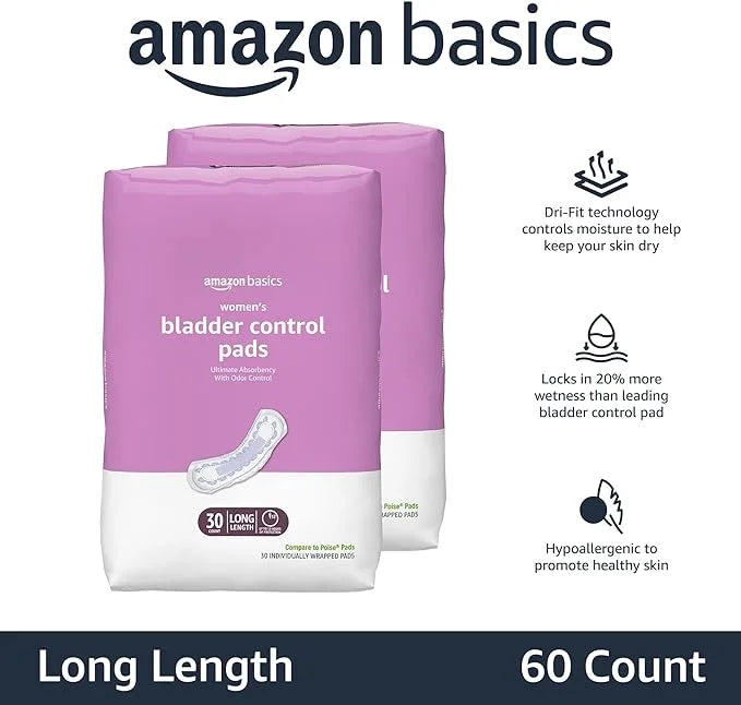 Amazon Basics Women's Incontinence Pads, Bladder 60 Count, (2 Packs 30)