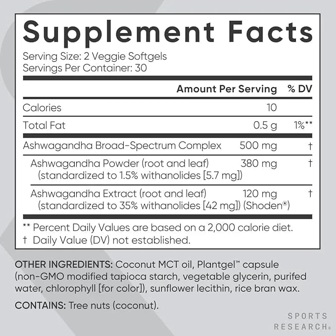 Sports Research® Ashwagandha Softgels with Coconut 60 Count