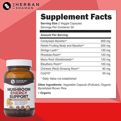 Mushroom Supplement Energy Support CoQ10 + (60 Capsules)
