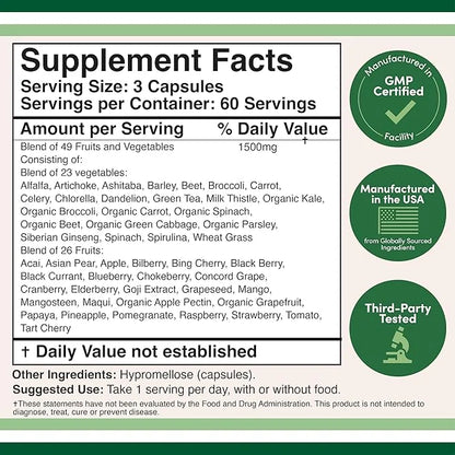 Fruits and Veggies Supplement (Daily Blend 49 Different 23 Veggies 29 Fruits) 1,500mg Servings, 180 Capsules
