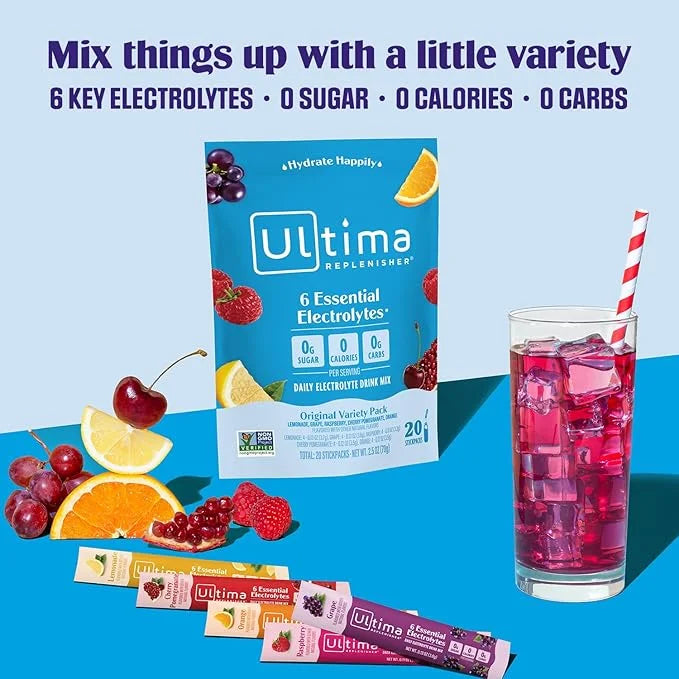 Ultima Replenisher Daily Electrolyte Powder Drink Mix – Original Variety, 20 Stickpacks – Hydration Packets with 6 Electro...