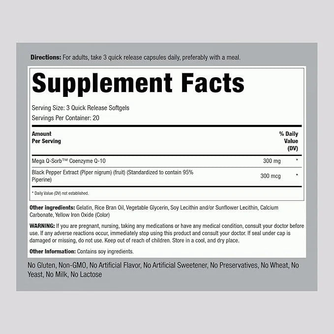 Piping Rock CoQ10 300mg Softgels 300mg Per 60 Pills Coq10 Coenzyme