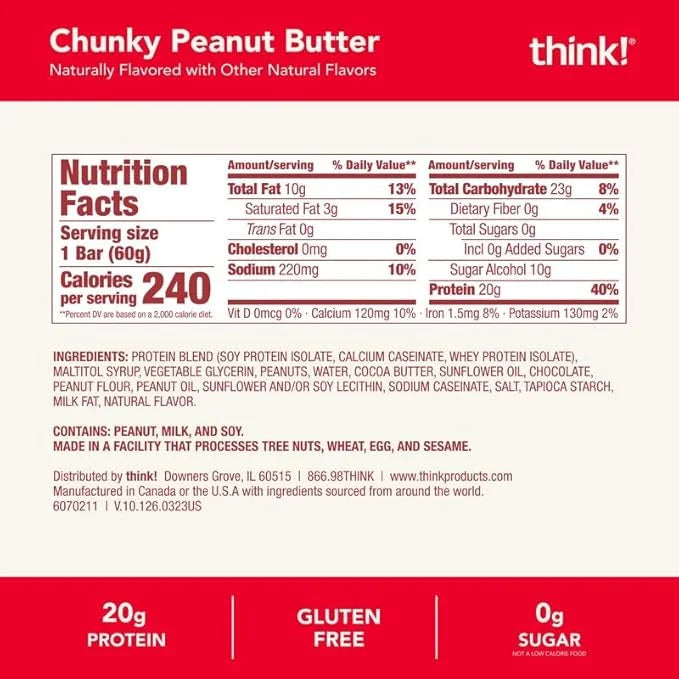 think! Protein Bars, High Protein Snacks, Gluten Free, Kosher Friendly, Chunky Peanut Butter, Nutrition Bars, 2.1 Oz per B...