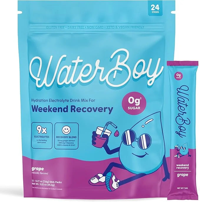 Waterboy Weekend Recovery | 3,187mg Electrolyte Powder Packets | Ginger + L-Theanine + Vitamins | No Sugar, All Natural, G...