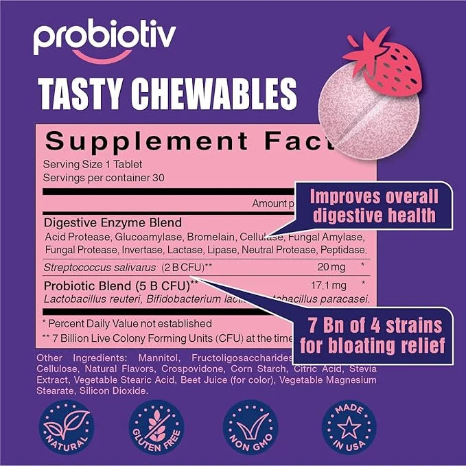 Anti Gas & Bloating Relief for Women and Men 7 Billion CFU – Chewable Probiotics & Lactobacillus Reuteri, Daily Digestive ...