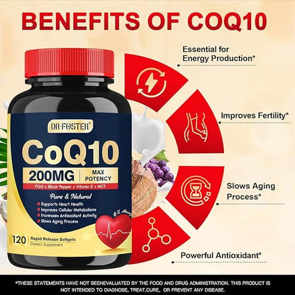 Coq10 200mg Upgraded, 6X High Absorption 10 Supplement Q10, 120 120 Servings