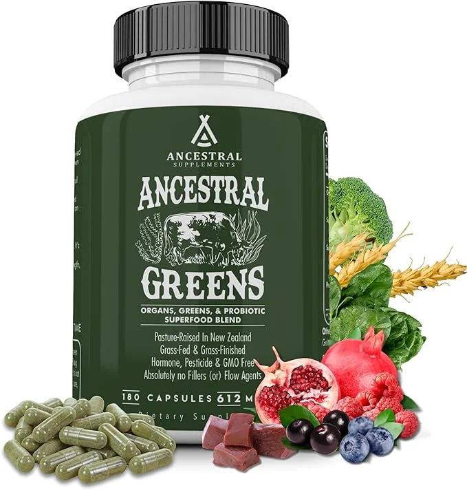 Ancestral Supplements Greens Powder Capsules, Organic Superfood Greens & Reds Blend with Spirulina, Chlorella, Grass Fed B...