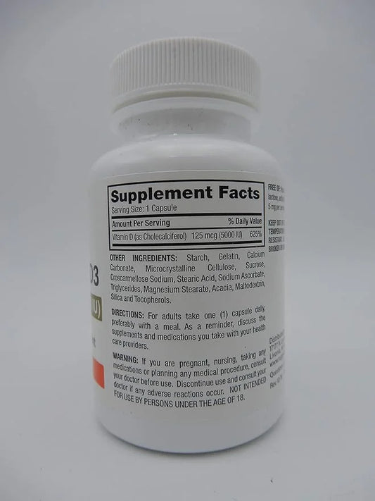 Rugby Vitamin D3 Dietary Supplement 125 (5000 IU) 100 Capsules