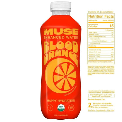 MyMuse Organic Enhanced Flavored Water, Blood Orange, 16.9 Fl Oz Bottle (12 pack), 1G of Sugar, Immune Support with Zinc &...
