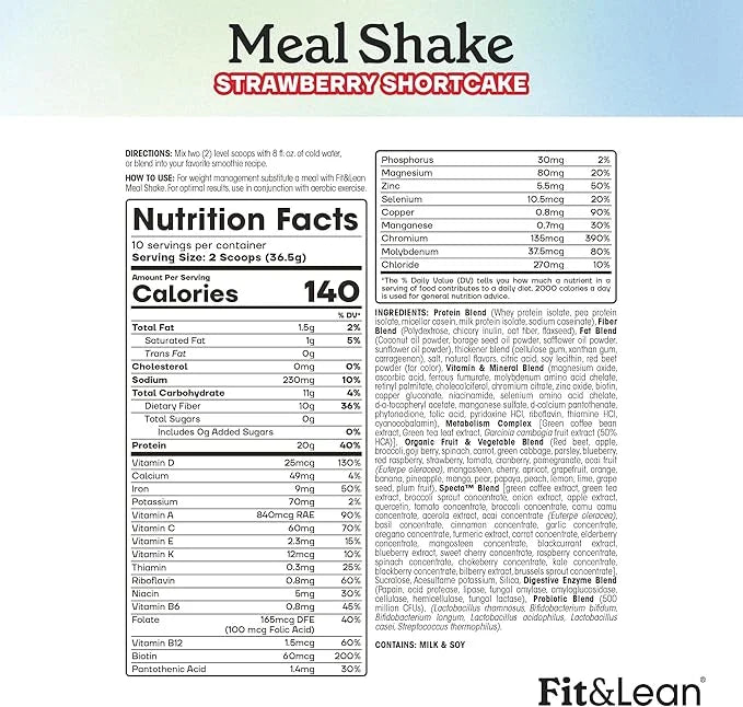 Fit & Lean Meal Shake, Fat Burning Meal Replacement, Protein, Fiber, Probiotics, Strawberry Shortcake, 0.8 lbs (365 g),10 ...