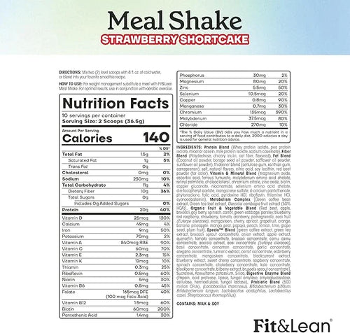 Fit & Lean Meal Shake, Fat Burning Meal Replacement, Protein, Fiber, Probiotics, Strawberry Shortcake, 0.8 lbs (365 g),10 ...