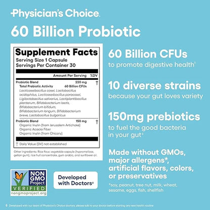 Physician's Choice Probiotics 60 Billion CFU - 10 Strains + Organic Prebiotics - Immune, Digestive & Gut Health - Supports...