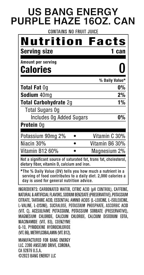 Bang Energy Purple Haze, Sugar-Free Energy Drink, 16 Ounce (Pack of 12) - Product Image