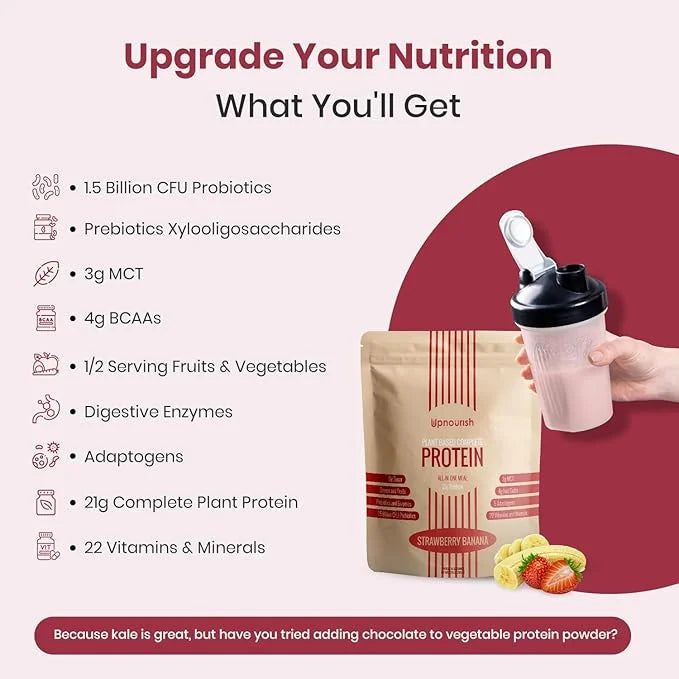UpNourish Strawberry Banana Vegan Protein Powder 54 Superfoods Powder,1.5 Billion CFU Probiotics 21g Plant Based Protein,N...