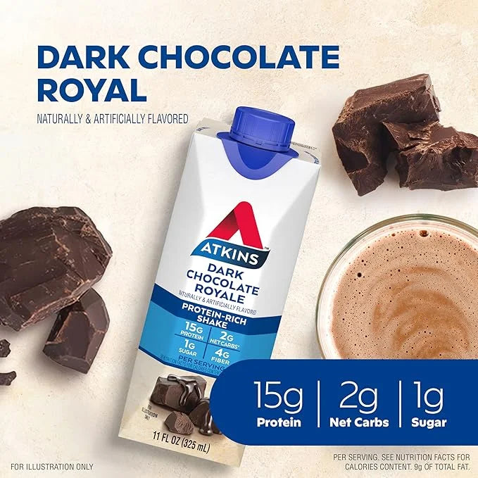 Atkins Dark Chocolate Royale Protein Shake, 15g Protein, Low Glycemic, 2g Net Carb, 1g Sugar, Keto Friendly, 12 Count - Pr...