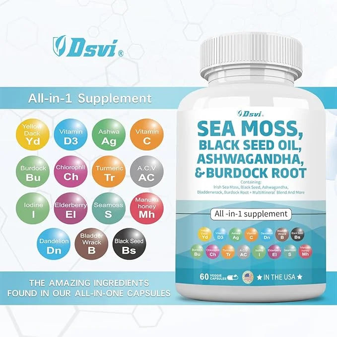 Sea Moss 3000mg Black Seed Oil 2000mg Ashwagandha 1000mg Bladderwrack 1000mg Turmeric 1000mg Burdock 1000mg Vitamin D3 Eld...