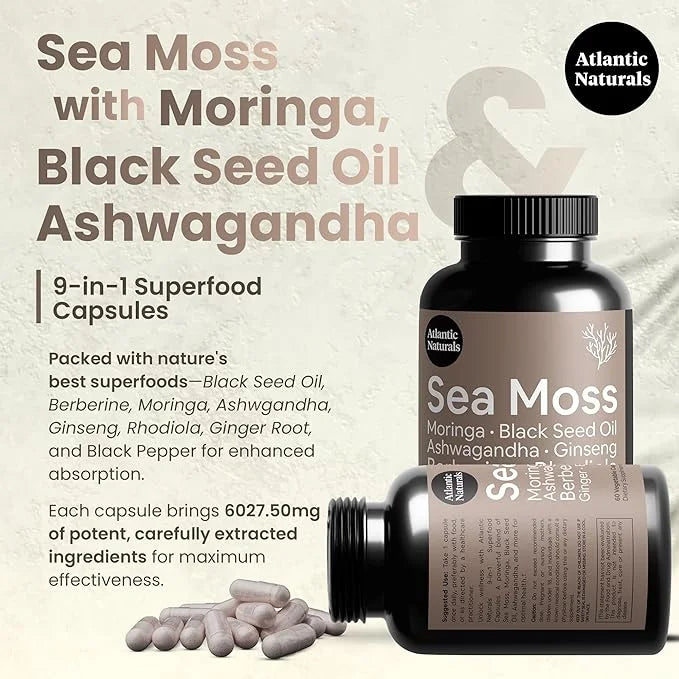 Atlantic Naturals Sea Moss Black Seed Oil Ashwagandha Ginger Capsules. Sea Moss with Black Seed Oil, Ashwagandha, Ginseng,...