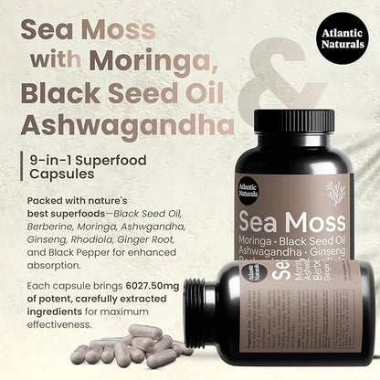 Atlantic Naturals Sea Moss Black Seed Oil Ashwagandha Ginger Capsules. Sea Moss with Black Seed Oil, Ashwagandha, Ginseng,...