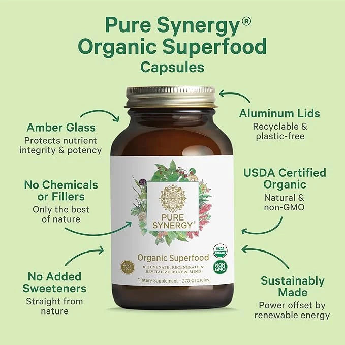 PURE SYNERGY Superfood Capsules | Organic Superfood & Greens Supplement | Whole Food Capsules with Super Greens, Spirulina...
