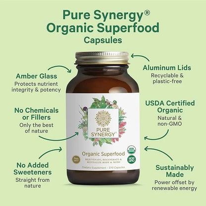 PURE SYNERGY Superfood Capsules | Organic Superfood & Greens Supplement | Whole Food Capsules with Super Greens, Spirulina...