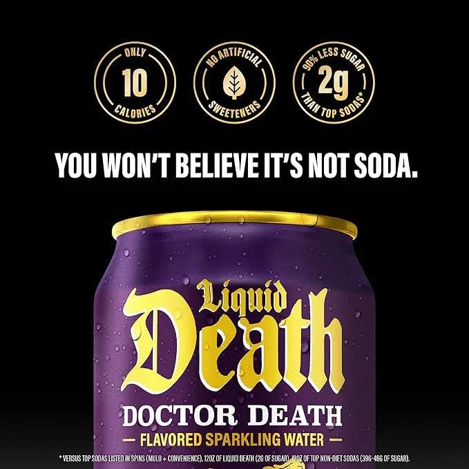 Liquid Death, Doctor Death, Soda-Flavored Sparkling Water, 12-Pack (12oz Cans), Low Calorie & No Artificial Sweeteners - P...