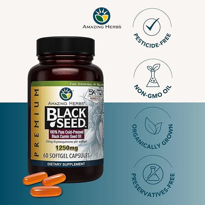 Amazing Herbs Premium Black Seed Oil Capsules - High Potency, Cold Pressed Nigella Sativa Aids in Digestive Health, Immune...