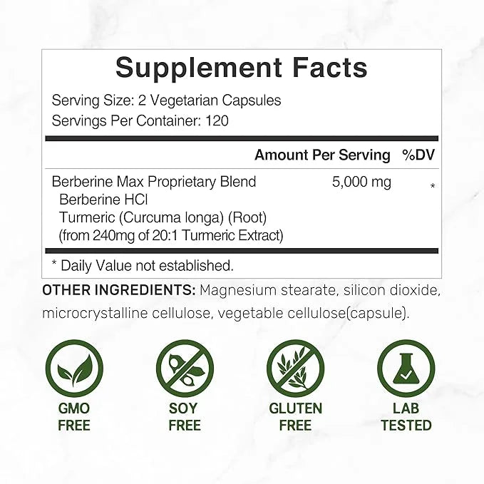 Berberine Max Supplement with Turmeric, 5,000mg 240 Veggie 97% Pure 25:1 Berberine