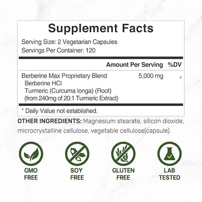 Berberine Max Supplement with Turmeric, 5,000mg 240 Veggie 97% Pure 25:1 Berberine
