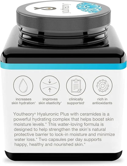 Youtheory Hyaluronic Plus - Hyaluronic Acid Supplement with Ceramides, Vitamin C, Biotin & More - Supports Healthy Skin* -...