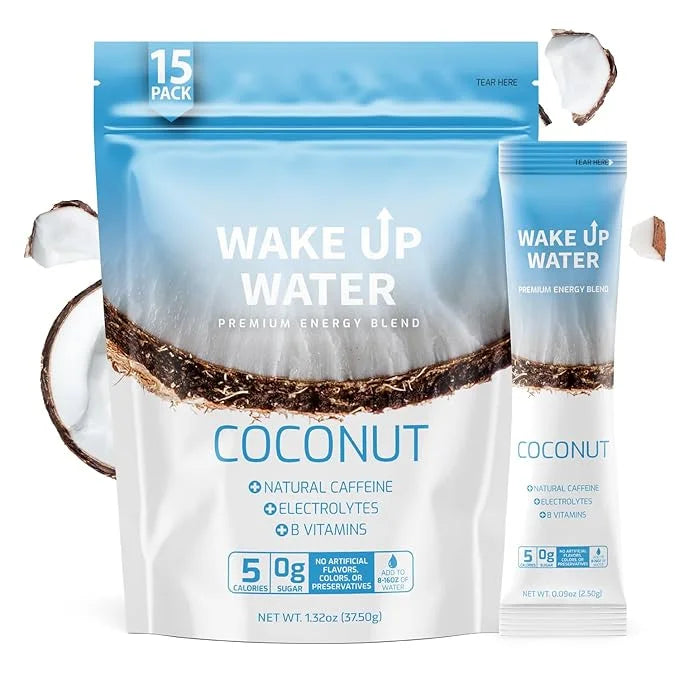 Wake Up Water - Energy + Hydration Sugar Free 15 Pack, Coconut Flavor - Energy Drink Powder, Electrolytes Powder Drink, Na...