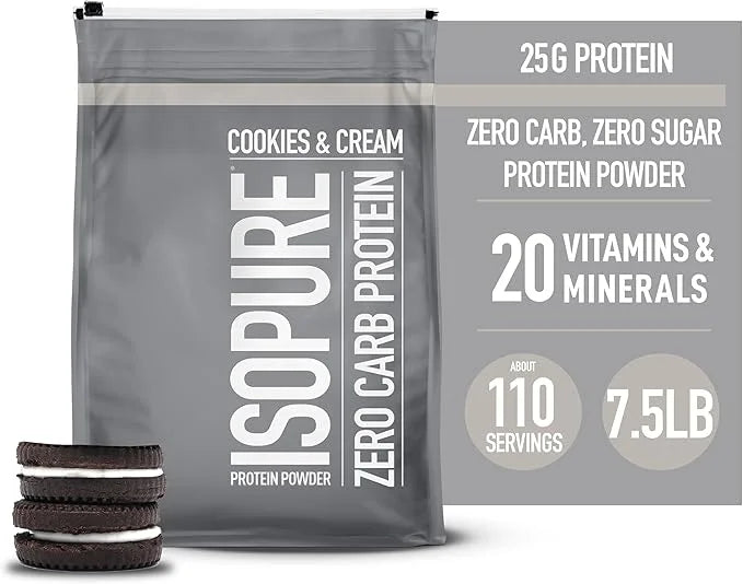Isopure Zero Carb 100% Pure Whey Isolate Protein Powder, Lactose Free, Gluten Free, With Vitamins, Cookies & Cream, 25g Pr...