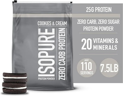 Isopure Zero Carb 100% Pure Whey Isolate Protein Powder, Lactose Free, Gluten Free, With Vitamins, Cookies & Cream, 25g Pr...