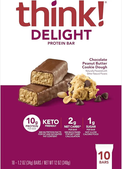 think! Delight, Keto Protein Bars, Healthy Low Carb, Gluten Free Snack - Chocolate Peanut Butter Cookie Dough, 10 Count (P...