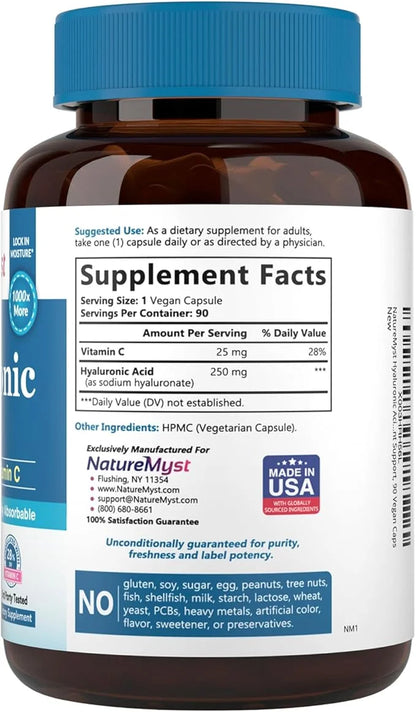 Hyaluronic Acid Supplement, with Vitamin C, 250mg Plant-Based HA, 90 Vegan Caps, for Joints, Skin & Eyes, Collagen Product...
