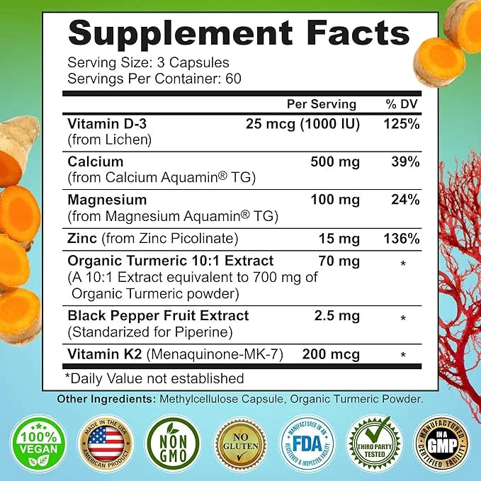 Plant-Based Calcium 500mg (Aquamin) – Vegan Calcium Magnesium Zinc D3 with Vitamin K2 & Organic Turmeric – Enhanced Bone a...