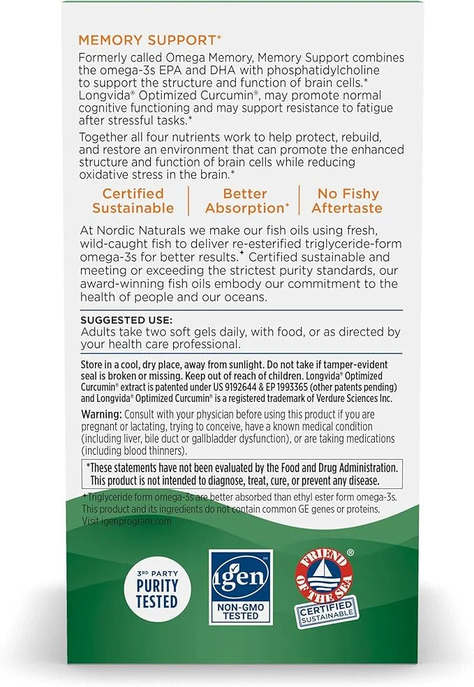 Nordic Naturals Omega Memory with Curcumin, Lemon - 60 Soft Gels - 1000 mg Omega-3 + 400 mg Optimized Curcumin - Memory, C...