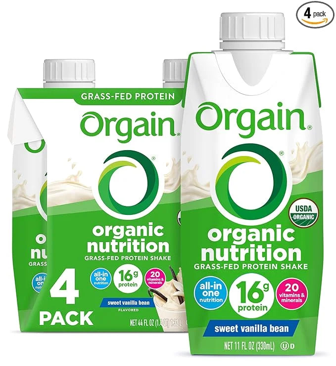 Orgain Organic Nutritional Protein Shake, Vanilla Bean 16g Grass 20 Vitamins 11 Fl (4 Pack)
