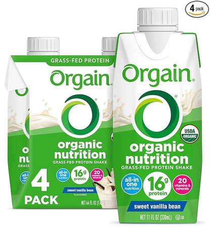 Orgain Organic Nutritional Protein Shake, Vanilla Bean 16g Grass 20 Vitamins 11 Fl (4 Pack)