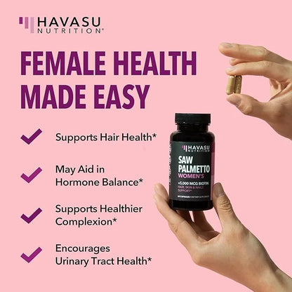 Saw Palmetto for Women with Biotin 5000mcg - Powerful DHT Blocker to Support Hair, Skin, and Nail Health - 120 Count - Veg...