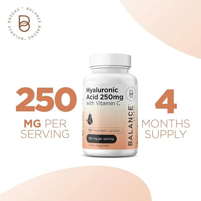 Pure Hyaluronic Acid Supplement 250mg with Vitamin C 50mg, 120 Vegan Capsules - Skin Hydration for Natural Glow, Hair, Nai...