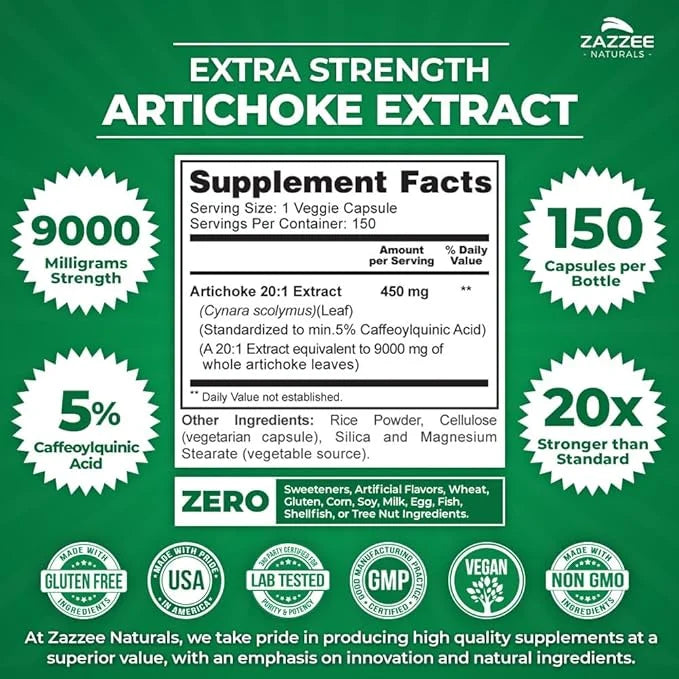 Zazzee Extra Strength Artichoke 20:1 Extract, 9000 mg 5% Caffeoylquinic 150 Vegan 5 Month 20X Extract,