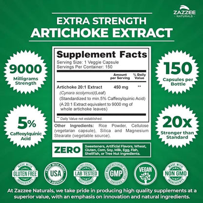 Zazzee Extra Strength Artichoke 20:1 Extract, 9000 mg 5% Caffeoylquinic 150 Vegan 5 Month 20X Extract,