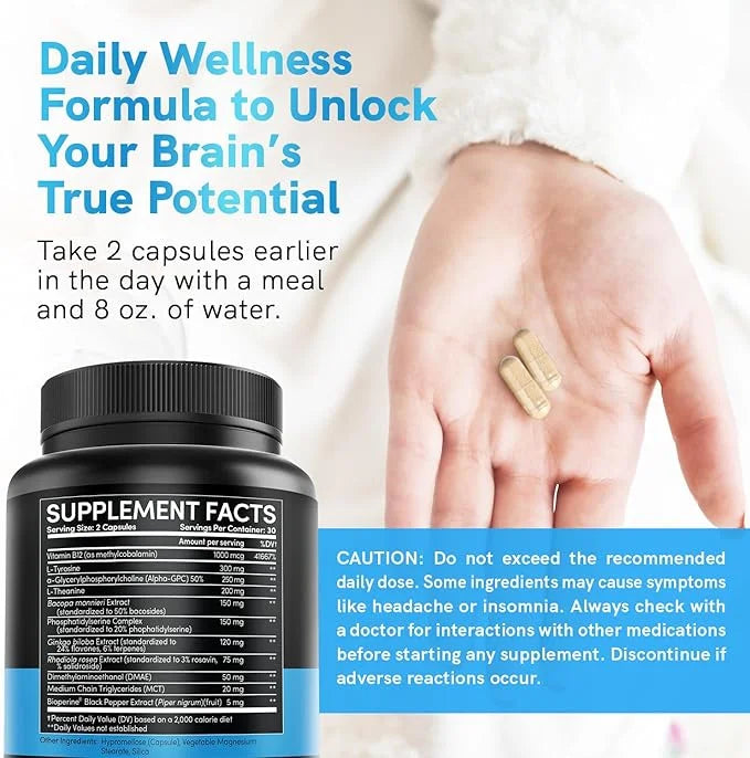 12-in-1 Nootropic Brain Supplement Anhydrous: Ginkgo Biloba for Brain Support, Memory and Focus - B12, Alpha GPC, L Theani...