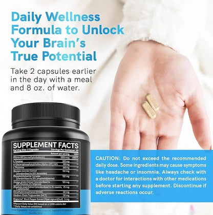 12-in-1 Nootropic Brain Supplement Anhydrous: Ginkgo Biloba for Brain Support, Memory and Focus - B12, Alpha GPC, L Theani...