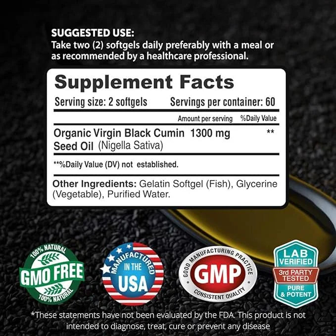 FRESH HEALTHCARE Black Seed Oil Capsules Cold Pressed 1300mg - 100% Pure Non-GMO Nigella Sativa - Immune & Joint Support -...