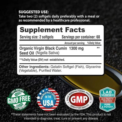 FRESH HEALTHCARE Black Seed Oil Capsules Cold Pressed 1300mg - 100% Pure Non-GMO Nigella Sativa - Immune & Joint Support -...