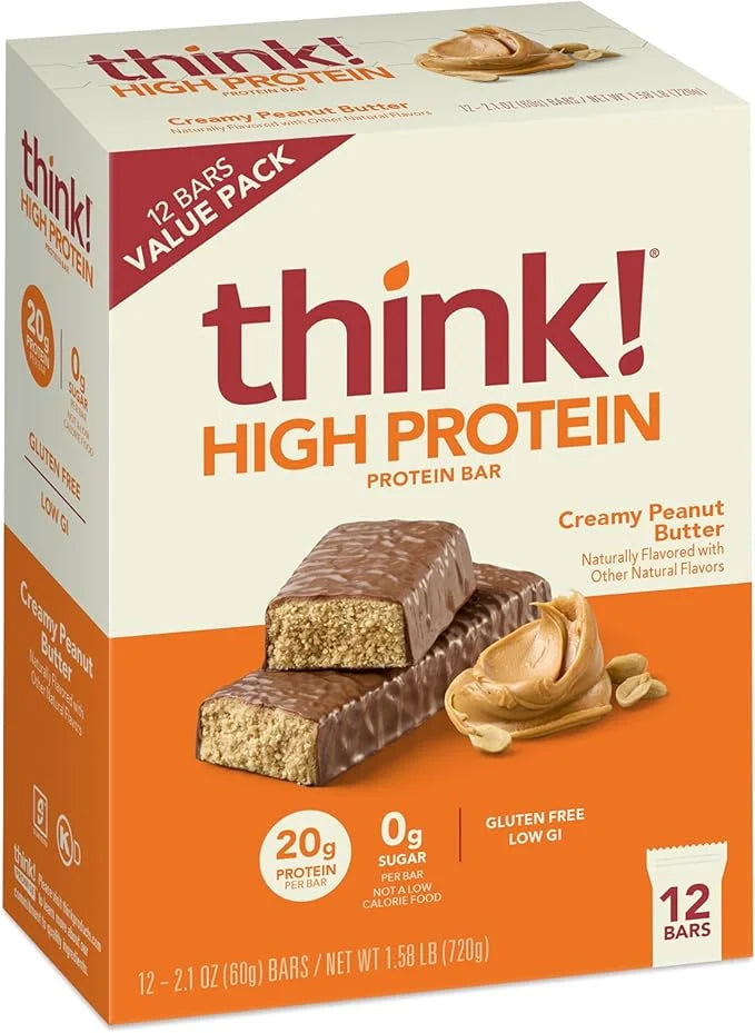 think! Protein Bars, High Protein Snacks, Gluten Free, Kosher Friendly, Creamy Peanut Butter, Nutrition Bars, 2.1 Oz per B...