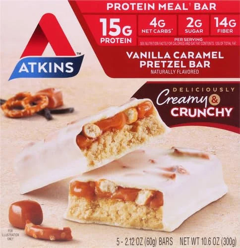 Atkins Vanilla Caramel Pretzel Protein Meal Bar, High Fiber, 2g Sugar, 4g Net Carbs, Meal Replacement, Keto Friendly, 5 Co...