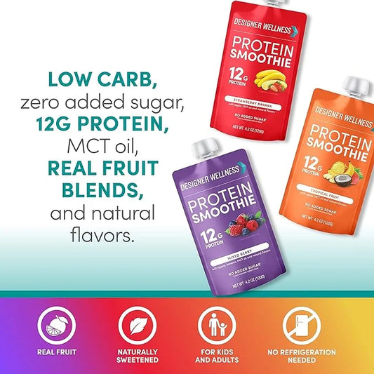 Designer Wellness Protein Smoothie, Real Fruit, 12g Protein, Low Carb, Zero Added Sugar, Gluten-Free, Non-GMO, No Artifici...