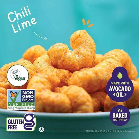 Vegan Chili Lime CauliPuffs - Corn, Rice, and Cauliflower Gluten Free Puffed Snack (box of 15-0.75oz bags) - Product Image